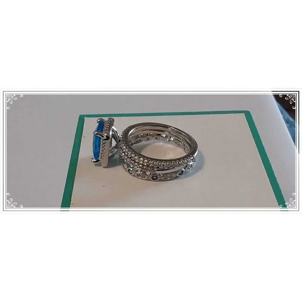 3.5 Ct. Emerald Cut Blue & White Topaz 3Pc. Wedding Ring Set Sz 8
